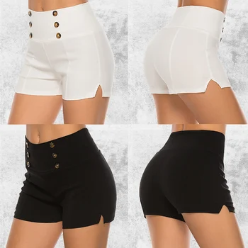 

2019 New Summer Ladies Casual Fashion High Waist Button Shorts High Quality Solid Color Stitching Casual Shorts S-2XL