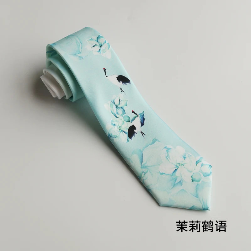 Anime bow tie necktie men and women small fresh mint green printing tie jasmine crane literary youth retro national gravatas - Цвет: 7cm wide