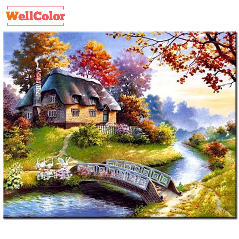 

WELLCOLOR DIY diamond painting cross stitch autumn landscape of diamond embroidery nature Creek 5D full cube mosaic mazayka kits