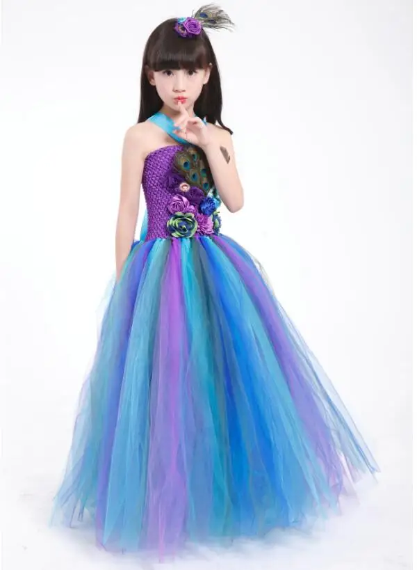 

Girls Halloween Formal Dresses 2017 Handmade Gauze Peacock Tutu Dress Kids Party Dress Children's Long Dress Dancewear Blue 1-14