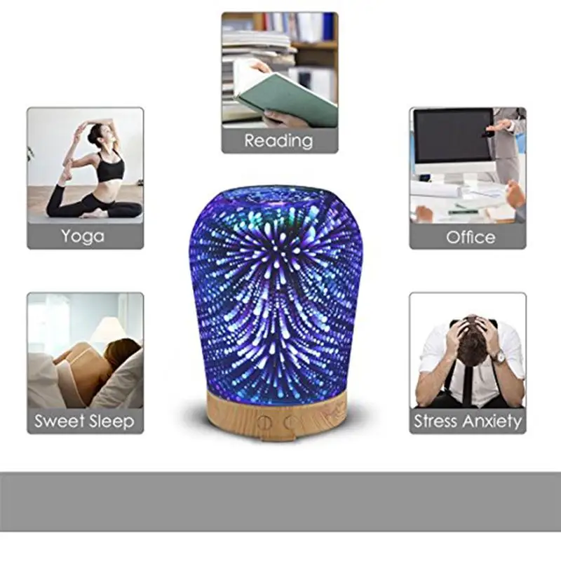 

Aromatherapy Oil Diffuser 100mL 3D Essential Auto Shut-off Ultrasonic Mist Humidifier with 7 Color Night Light Changing US Plug