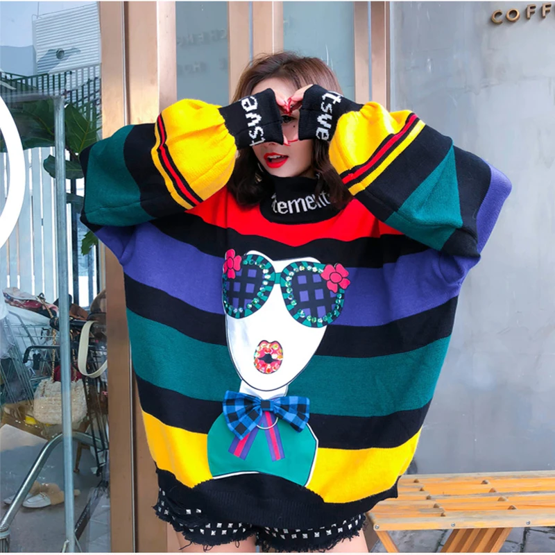 2019 Spring rainbow stripes loose plus size sweaters women fashion puff sleeve turtleneck knitted sweaters 2019 Spring rainbow stripes loose plus size sweaters women fashion puff sleeve turtleneck knitted sweaters