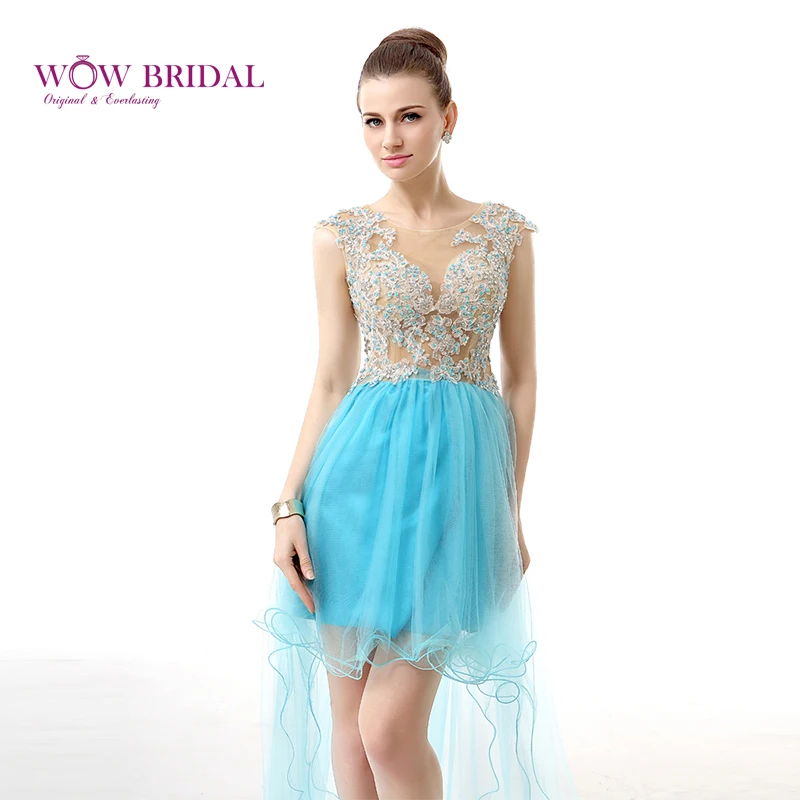 Wowbridal/синие платья для выпускного вечера 2016 новые кружевные на молнии с глубоким