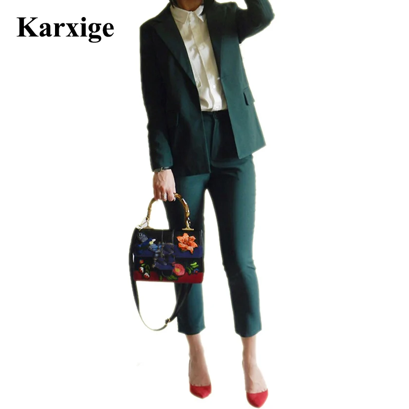

Spot 2016 Fall Pure Simple Boy friend Jacket Pants dark green elegant high end elegant attractive female two pcs women suit