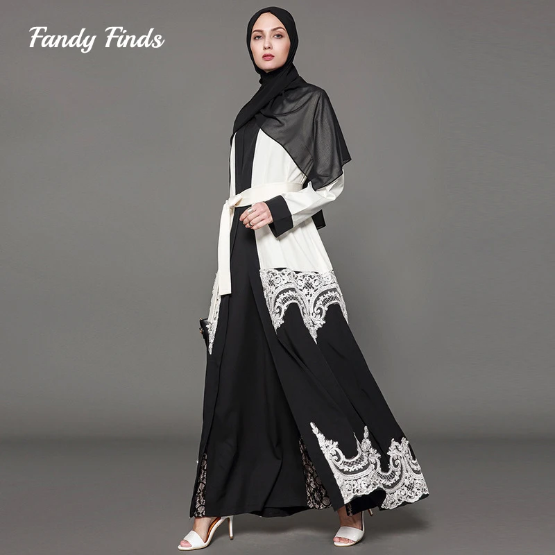 

Fandy Finds Women Lace Middle-East Muslim Robe Lady Praying Clothing Solid Color Lace Up Emboridery Female Big Size Long Gown
