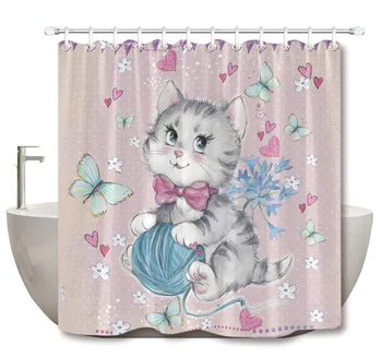 

LB Watercolor Funny Kitten Cute Cat Shower Curtains Bathroom Curtain Flowers And Butterflies Waterproof Fabric For Bathtub Decor