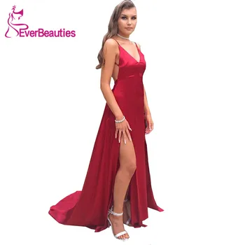

Robe De Soiree Mermaid V-Neck Evening Dresses Long Backless High Split Burgundy Formal Dresses