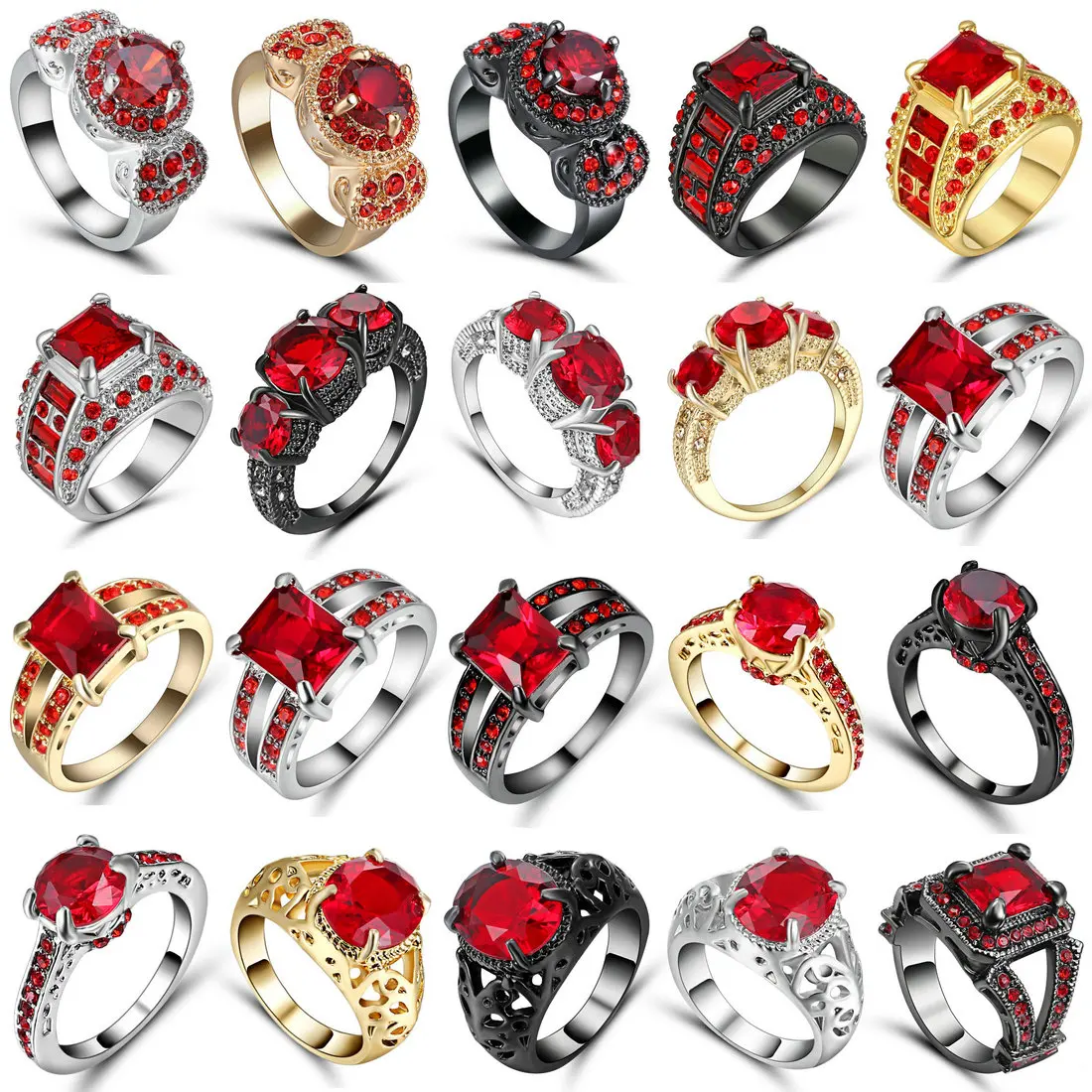 Женское красное кольцо с фианитами, модное Белое и черное Золотое ювелирное изделие, винтажные обручальные кольца для женщин, подарок на день рождения с камнем, Размер 6