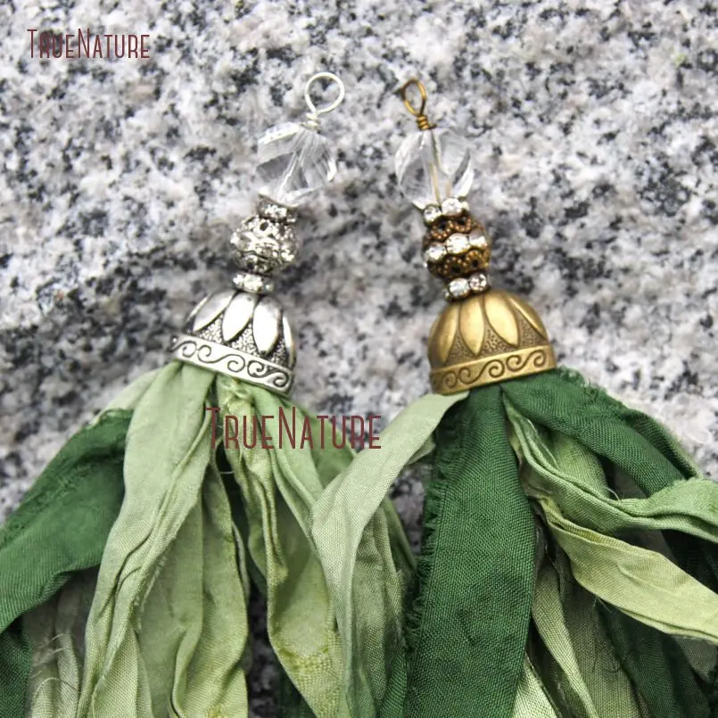 

Beautiful Green Color Sari Silk Handmade Tassel Charm Micro Pave Beads Accent Gold Silver Finish Caps In 6.8 inch PM10542