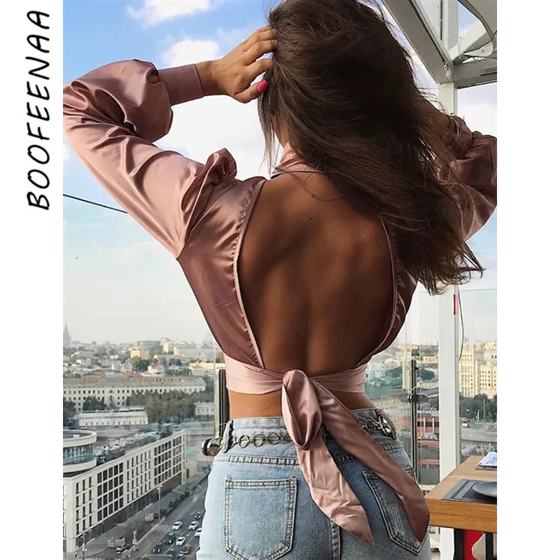 BOOFEENAA розовые атласные шелковые сексуальные элегантные женские топы и блузки