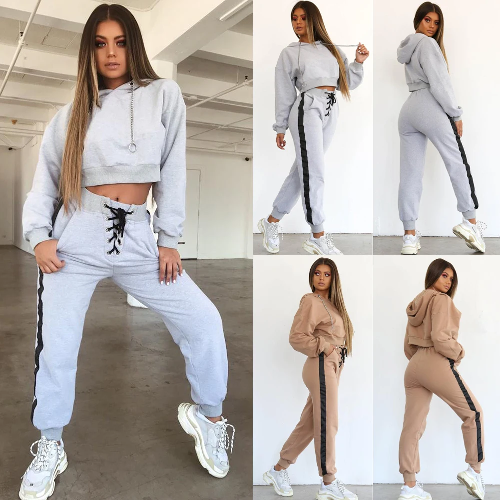 THEFOUND Casual Women Tracksuit 2PCS Solid Tops+Pants Hooded Lounge ...