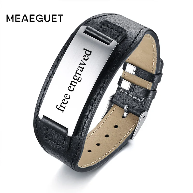 

Free Engraving Customized Genuine Leather Bracelet Men Width Wristbrand Fashion Adjustable Personalized Male Gifts Accessories