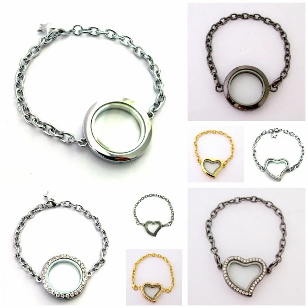 

5pcs 30mm Floating Locket Bracelets Magnet Glass Memory Floating Locket Chain Bracelet each locket with 10pcs random charms