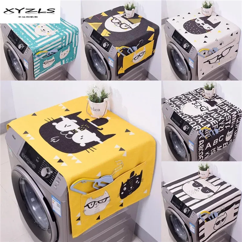 

XYZLS Dual-purpose Washing Machine Covers Cartoon Cats Printed Refrigerator Cotton Linen Dust Cover with Storage Bag 1Piece