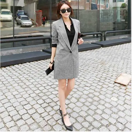  2016 Hot Selling  Spring Women Casual Long Thin Blazers Coats Notched Collar Full Sleeve Single Button Fashion Cardigans   Y99