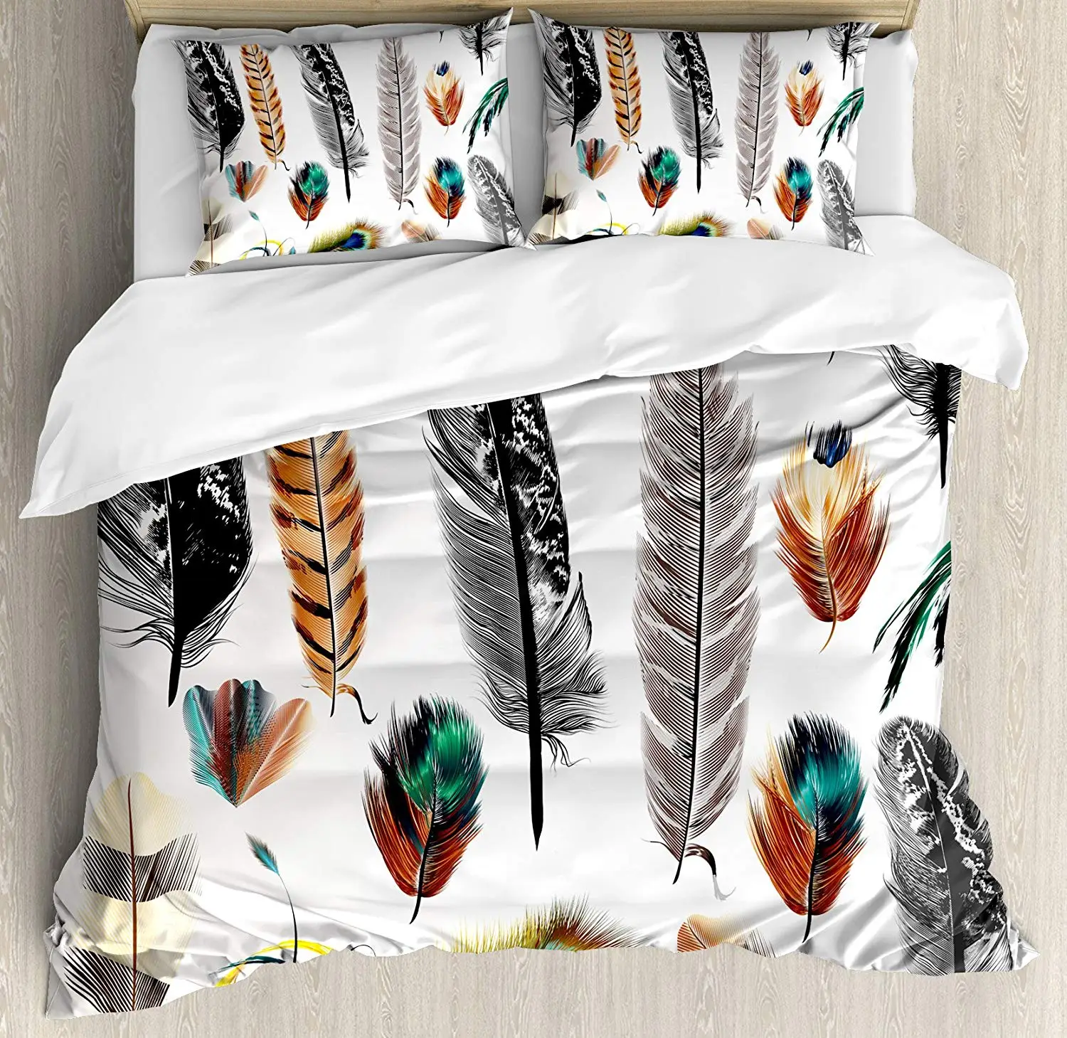 

Bohemian Duvet Cover Set King Size Detailed Big and Small Several Bird Feathers in Vibrant Colors Bohemian Design Bedding Set