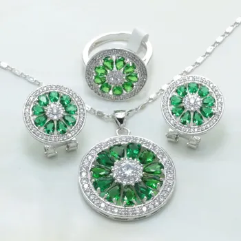 

Otogo Transing Mark Silver Color Jewelry Set Green Crystal Round Shaped Earrings / Necklace / Ring Set Women Wedding-S172
