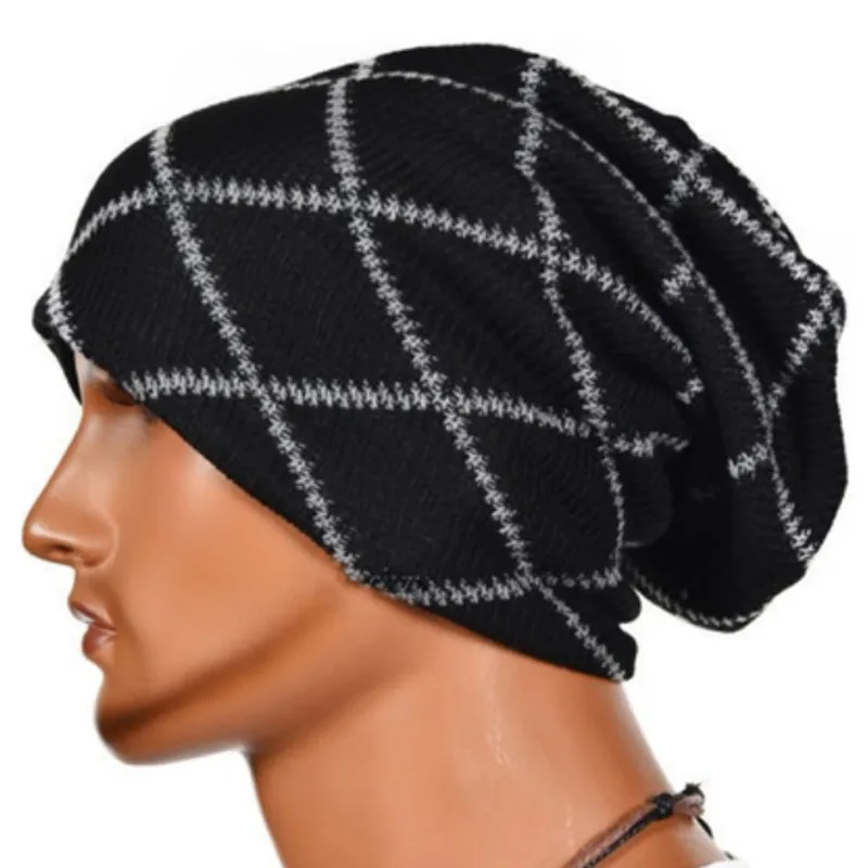 Plaid Women Winter Warm Knitted Hat Adult Unisex Men Beanie Skull Slouchy Oversized Cap Women