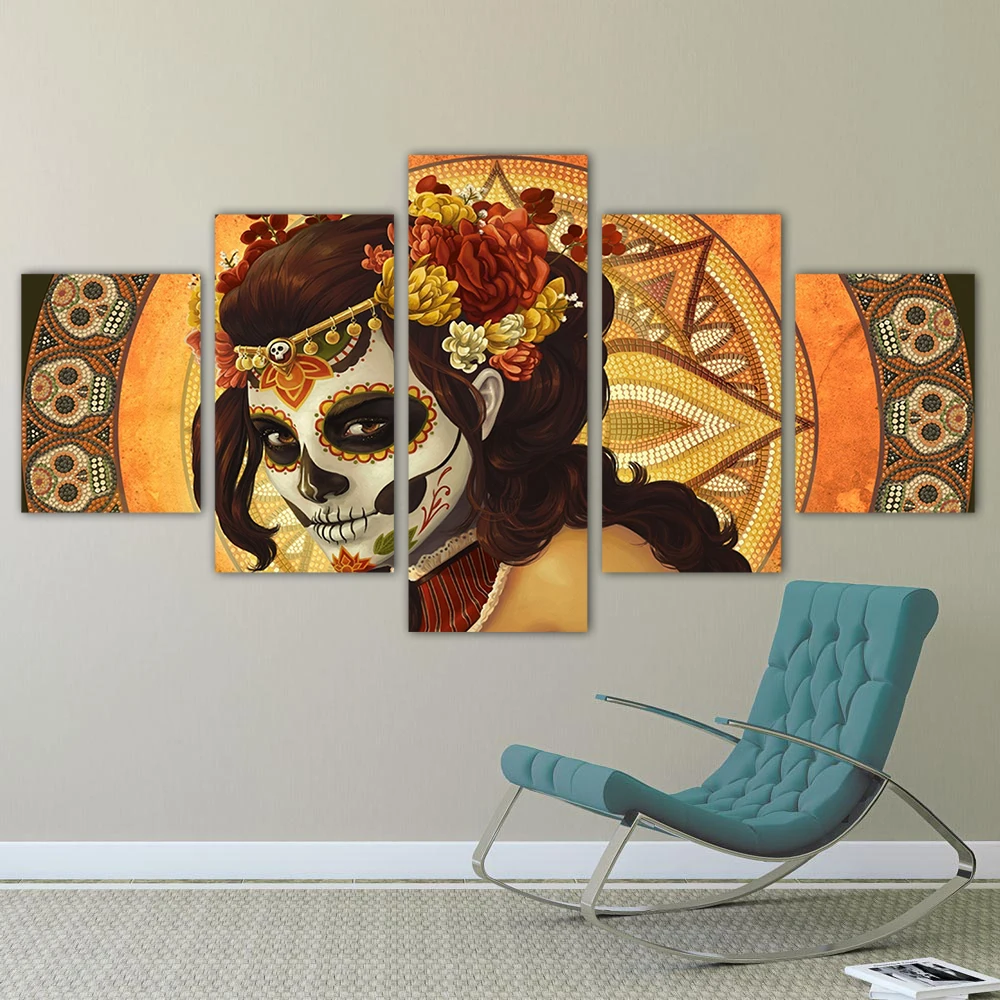 HDARTISAN 5 Pieces Wall Art Kanvas Lukisan Gula Tengkorak Wajah