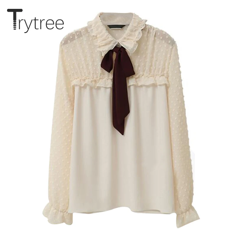 

Ttytree Spring Summer Blouses Casual shirt Women Office Lady Long Sleeve Stand Collar Bow Ruffles Tops Shirts Black white