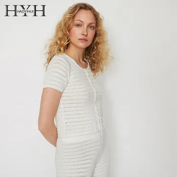 

HYH Haoyihui Comfortable Simple Light Style Round Neck Tops Knitting Hollow Short Sleeve Drawstring Female Sweater Wholesale