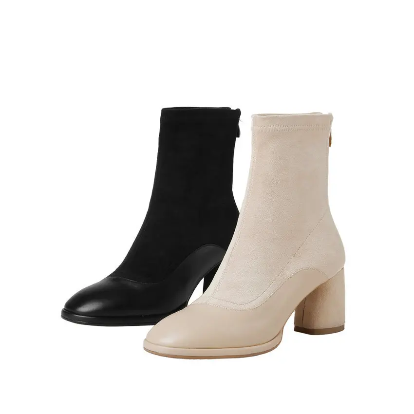 QUTAA/; Лоскутные ботильоны из телячьей кожи с эластичной тканью; модная зимняя женская обувь с круглым носком на высоком квадратном каблуке; размеры 34-39