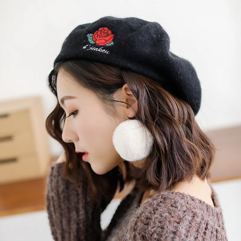 

Cool Spring Autumn Winter Artist Beanie Cap Women Girls Painter Cap Beret Embriodery Smile Face Cat Rose Solid Beanie Beret Hat