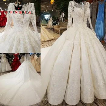 شراءعينة حقيقية طويلة الأكمام 2020 رداء دي ماري الكرة ثوب الدانتيل مطرز فيستدو دي نويفا الملكة الزفاف فساتين زفاف طويلة WD101