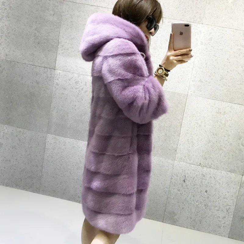 

BFFUR Real Mink Fur Coat 2020 New Whole Skin Top Grade Imported Long Mink Coats With Hood Natural Fur Coats Fashion Slim Striped