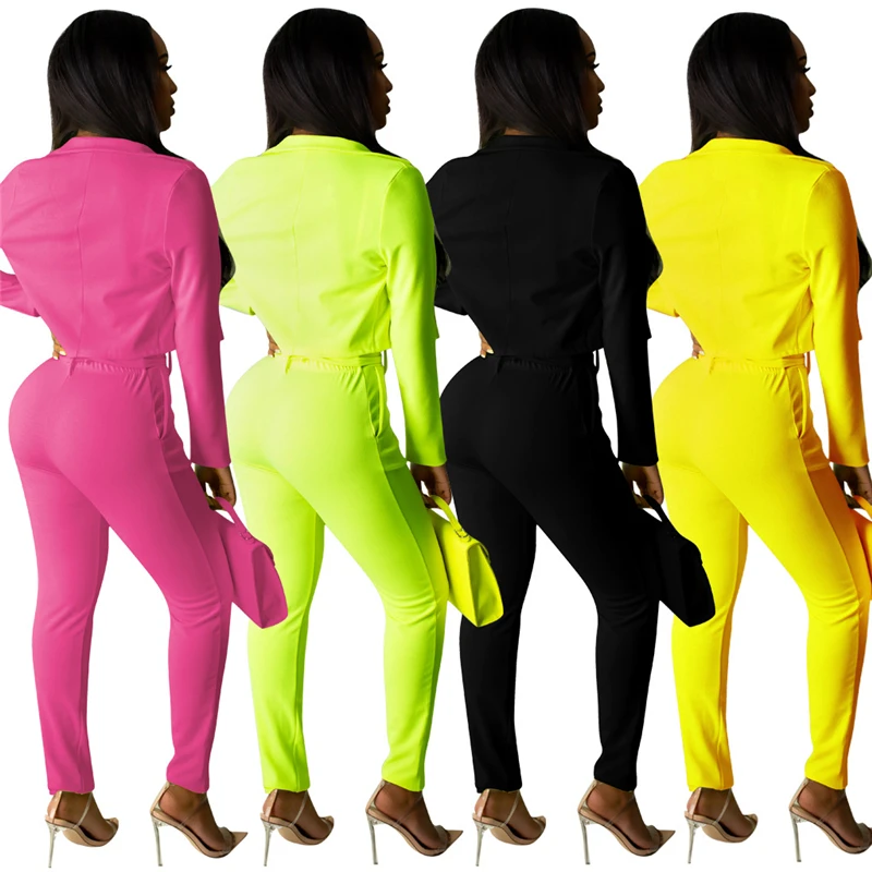 Adogirl неоновый Блейзер Женский костюм для отдыха Модный комплект из двух предметов официальный Женский блейзер с длинными рукавами укороченный топ+ брюки-карандаш с поясом