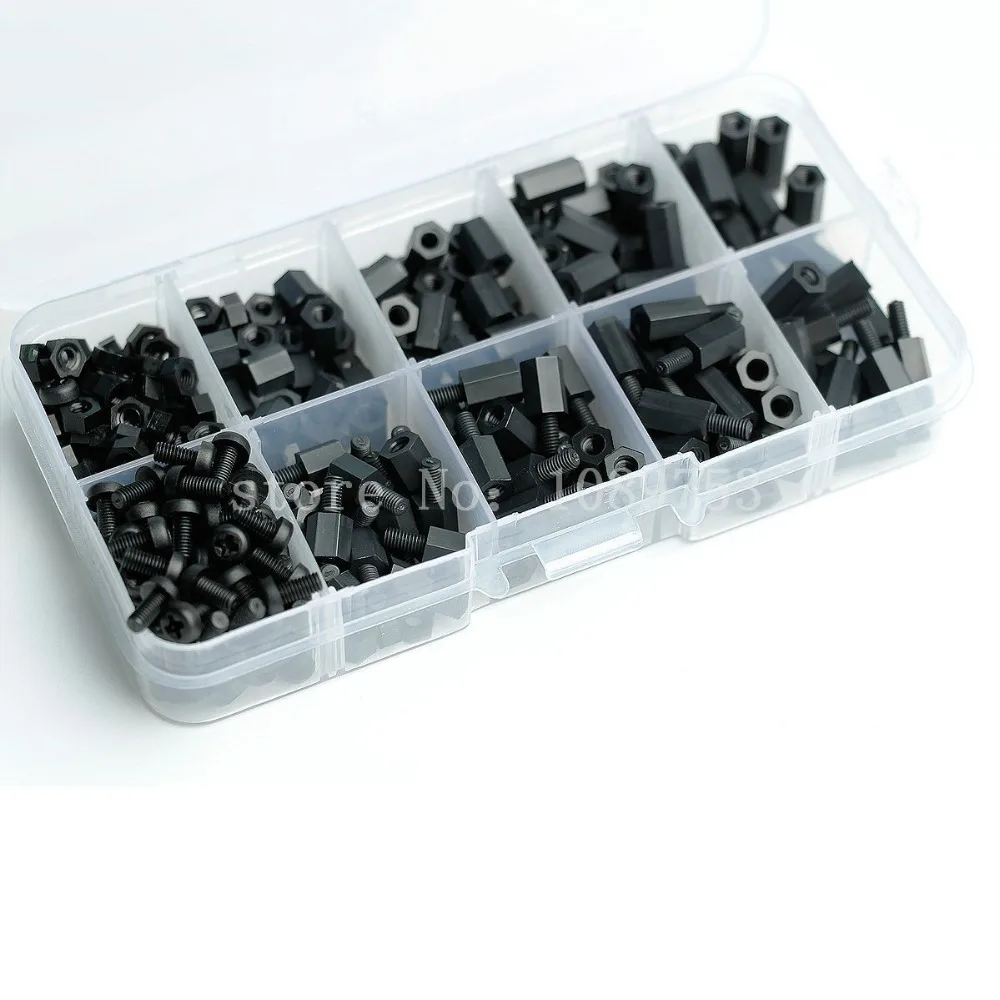 300Pcs M3 Nylon Black M-F Hex Spacers Screw Nut Stand-off Assortment Kit Set Box