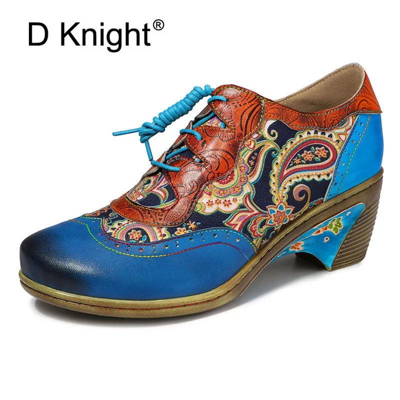 

Retro Splicing Colorful Genuine Leather Women High Heels Oxfords Pattern Stitching Pumps Bohemian England Ladies Brogue Shoes