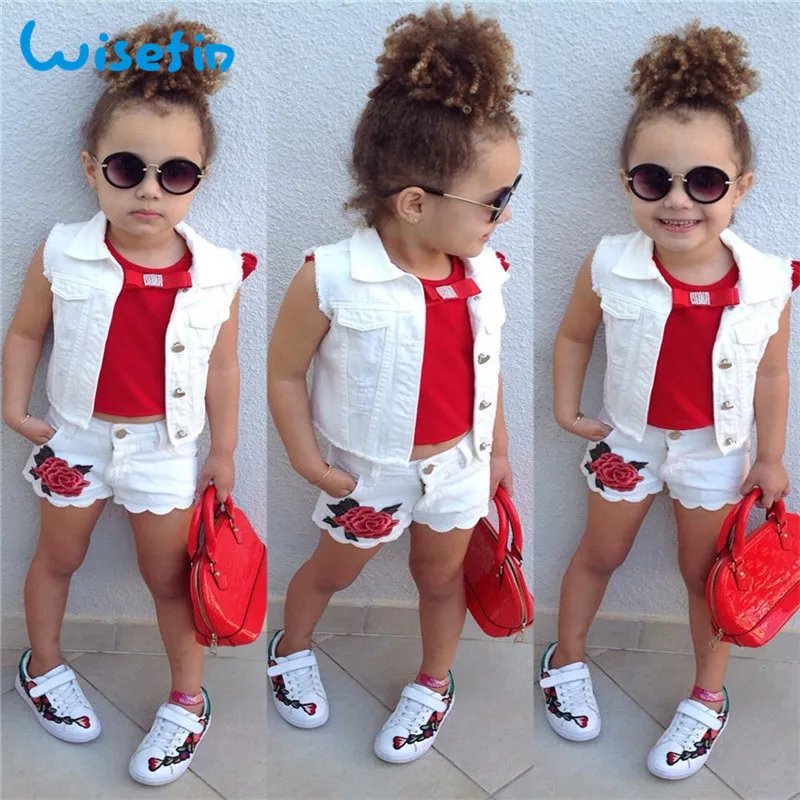 

Wisefin White Denim Clothes Set Baby Girl Summer Children Clothing Set Kids Outfits Tops Sleeveless Shirts+Rose Jeans Shorts