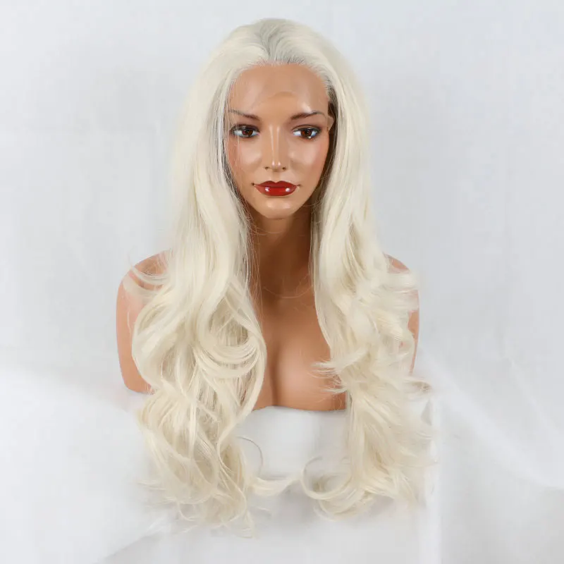 Bombshell платиновый блондин парик глубокая волна кружевные передние парики синтетические термостойкие волокна полностью женские волосы свободный пробор для женщин