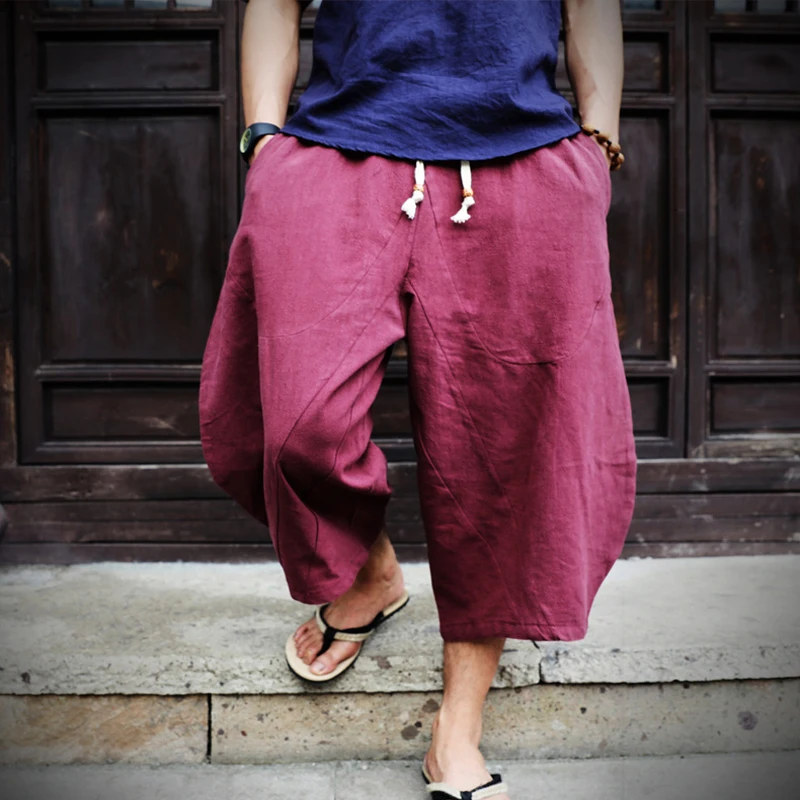 Boho Style Loose Drawstring Jogger men's Calf Length Harem Pants Linen