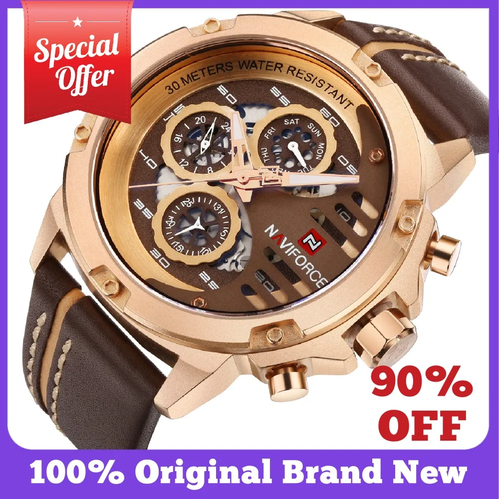 Online NAVIFORCE relojes para hombre marca superior de lujo 3Bar resistente al agua fecha reloj de cuarzo hombre cuero deporte reloj de pulsera hombre reloj impermeable