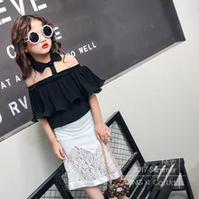 

SexeMara 2017 summer new child shirt girl shirt children short sleeve skirt white black fashion personality T-shirt