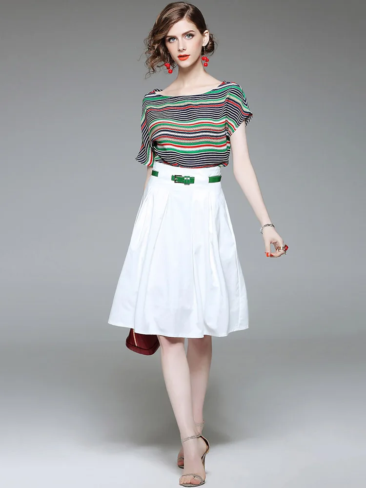 

High Quality Women's Sets Fashion Striped Knitted T-Shirt + Skirt Set Elegant Suit Female Casual 2019 New Skirts Trend Summer