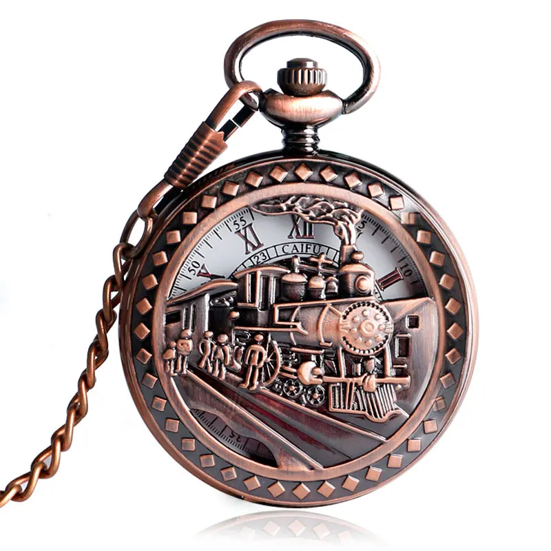 

Vintage Exquisite Running Steam Train Pocket Watch Hollow Brown Chain Women Men Railway Mechanical Hand Winding Gift P2034C