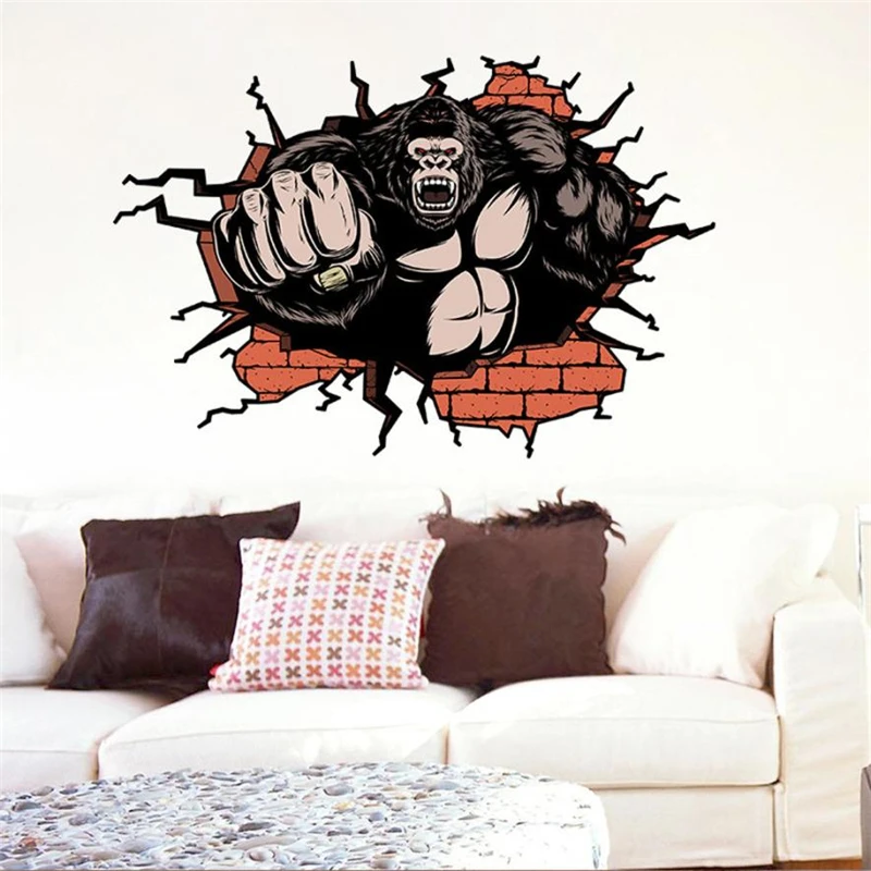 2018 New Creative  3D Wall Broken Orangutan Background Wall Decoration Non-toxic Removable Wall Sticker C0331#30                02
