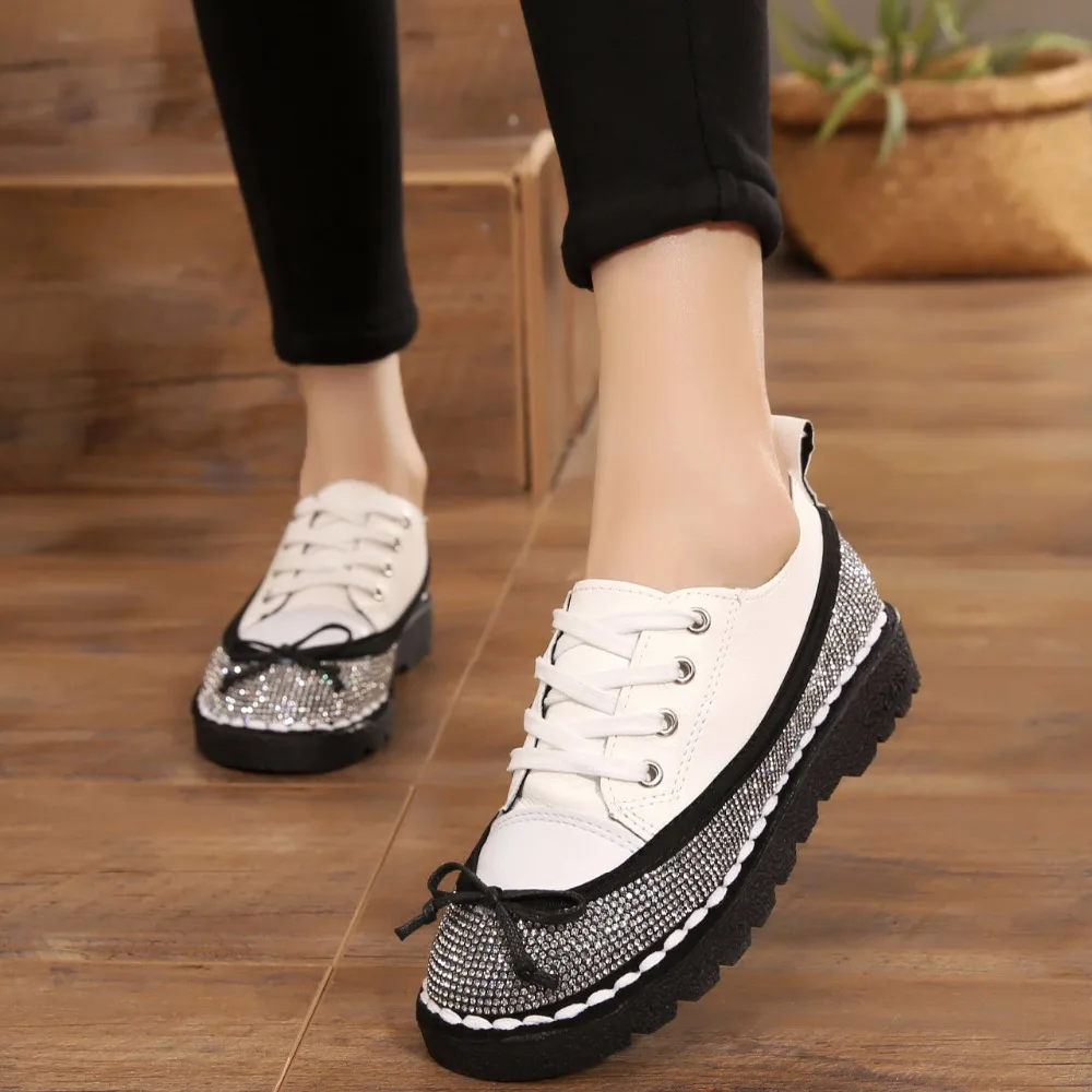 student leather canvas shoes women lace up bow tie small