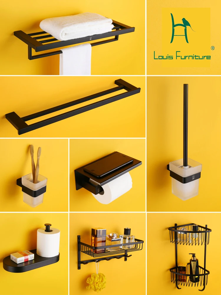 

Louis Fashion Bathroom Furniture Sets Black matte towel pole holder, paper, toilet washer, soap dish, bathroom hanger
