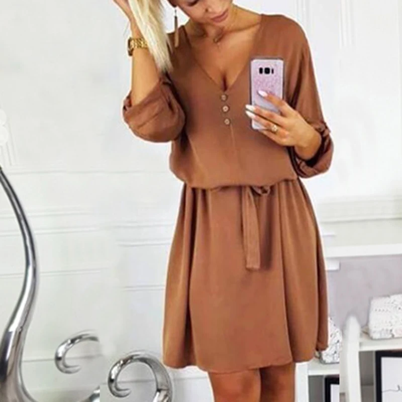 Мини-платье на шнуровке с коротким рукавом, летнее женское модное летнее платье, весеннее повседневное женское однотонное платье с v-образным вырезом и поясом M0468 - Цвет: Brown