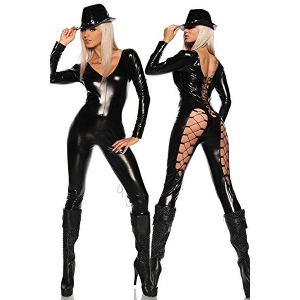 

Wonder beauty PVC Faux Leather Wet Look Catsuit Rompers Lace Up Steampunk Costume Vinyl Sexy Hollow Out Club Jumpsuit Costume