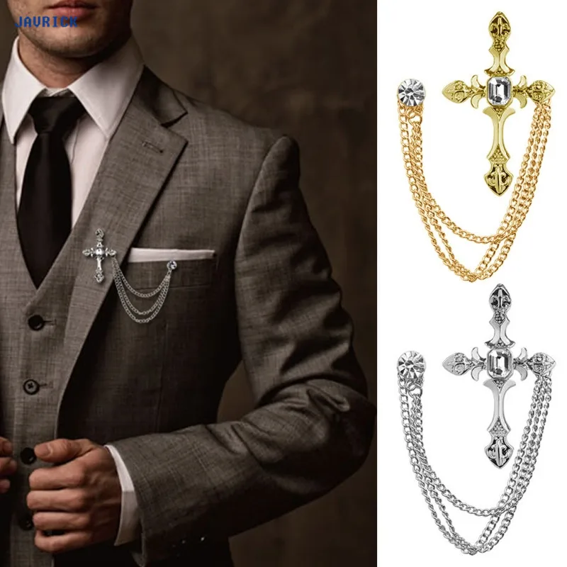 

JAVRICK Unisex Rhinestone Cross Chain Brooch Lapel Pin Shirt Suit Wedding Accessory Gift