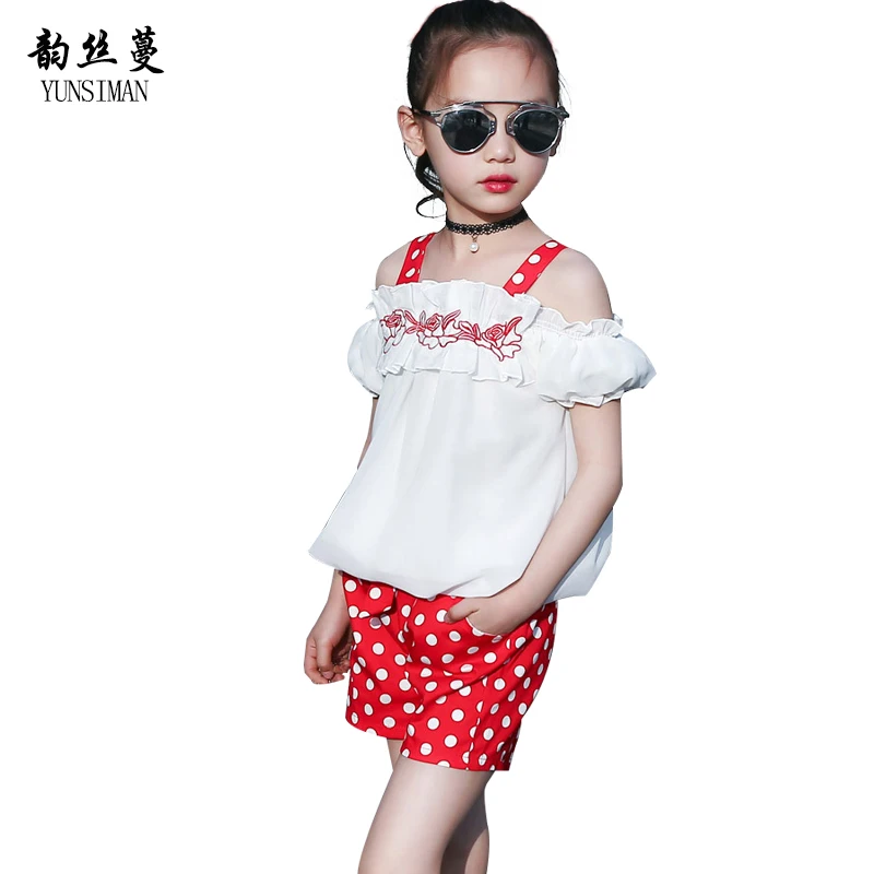 

Baby Girls Summer Clothes Set 6 8 10 12 Years Kids Teens Polka Dot Two Piece Embroidery Strapless Children Tops Shorts Set 9C20