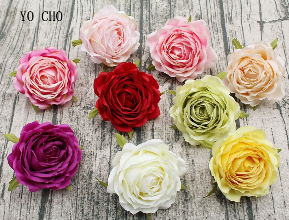 YO CHO Artificial Flower Head Pink Rose Yellow Peonies Silk Flowers Red Artificial Flower Heads Wedding Decor Big Flower Heads 05