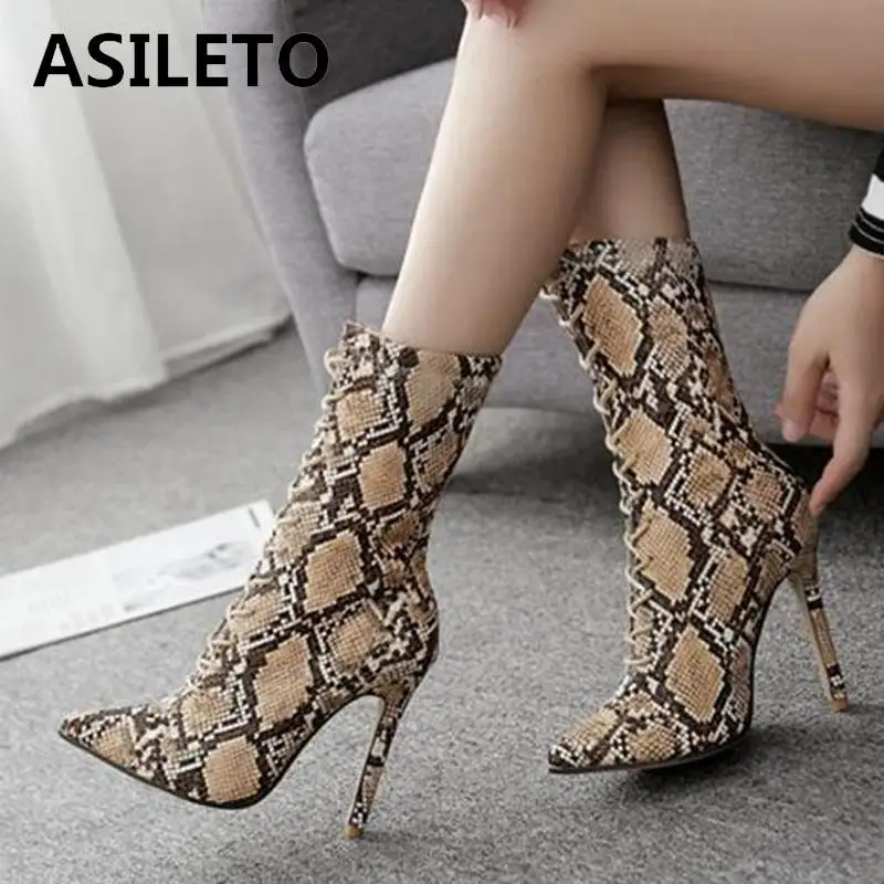 

ASILETO Ladies Gladiator shoes ankle Boots for women thin high heel 11.5 CM high booties Snake Print Cross-tied bottines mujer