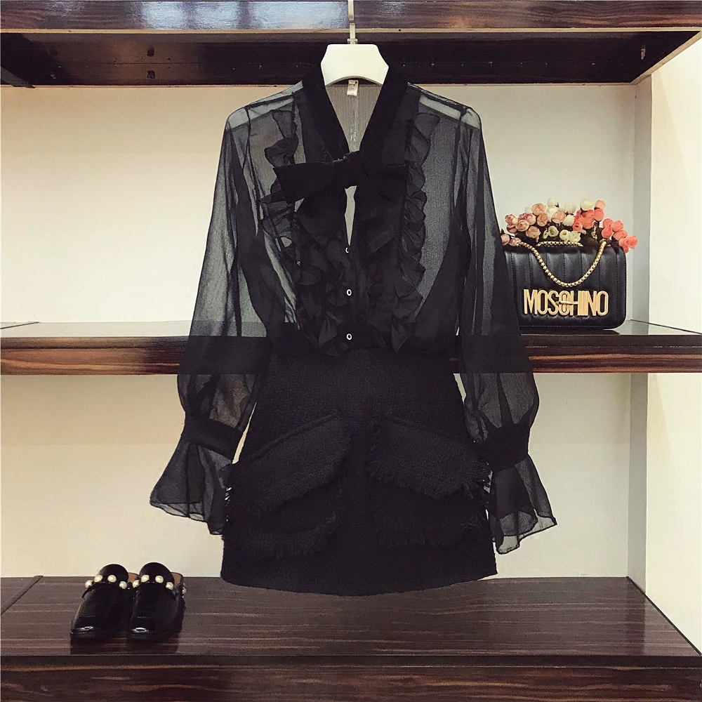 

2019 Spring Women's Sexy Perspective Black Velvet Bow Shirt Blouse + Tweed Wool Shorts Two Piece Ladies Skirt Shorts Set