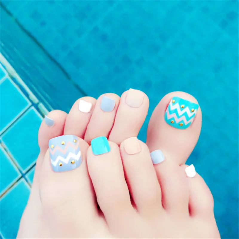 

Short Impress Kiss Fake Nails Feet Pre-designed Blue Faux Oongles For Girls Artificial Plastics Press On Nails For Foot